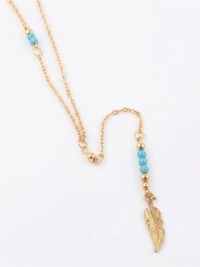Gold and Turquoise Feather Pendant Necklace